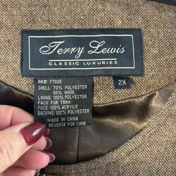 Terry Lewis Faux Fur Trim Wool Blend Open Cardigan Jacket 2X - Picture 5 of 10